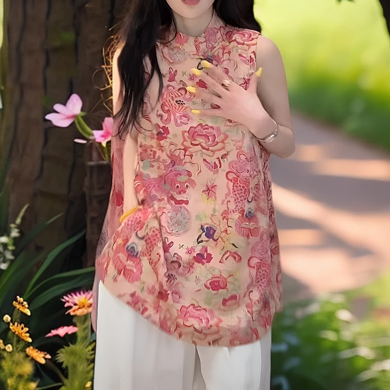 【鱼跃龙门】立领国风盘扣老钱风马甲T恤背心薄款宽松型女提花