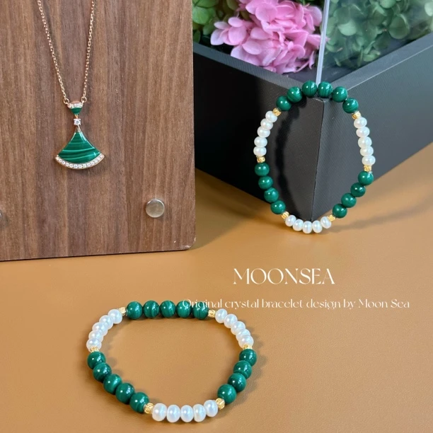 真珍珠项链天然真品淡水无核珍珠手串项链套装国风孔雀石