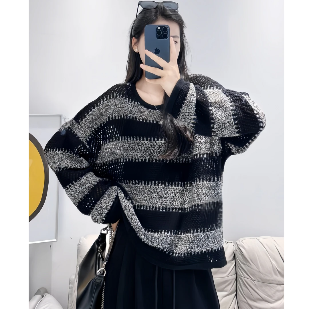 拉夏贝尔慵懒风时尚条纹毛衣女士2025秋季新款圆领针织衫百搭上衣