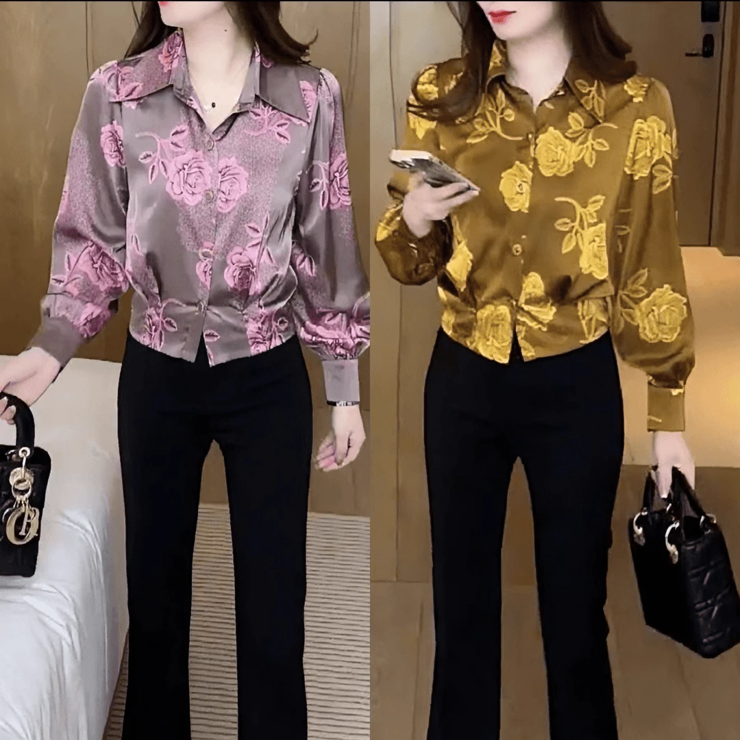 （运费补贴）2024春季新款时尚洋气中国印花拼接百搭翻领褶皱收腰