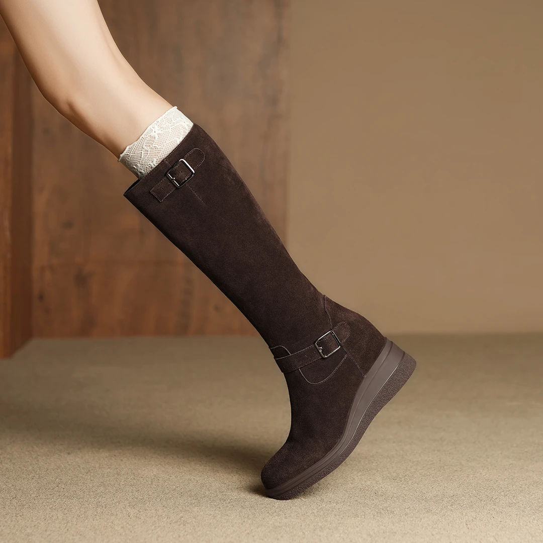 2025秋冬新款内增高牛翻皮长筒靴英伦风侧拉链真皮高筒时装靴