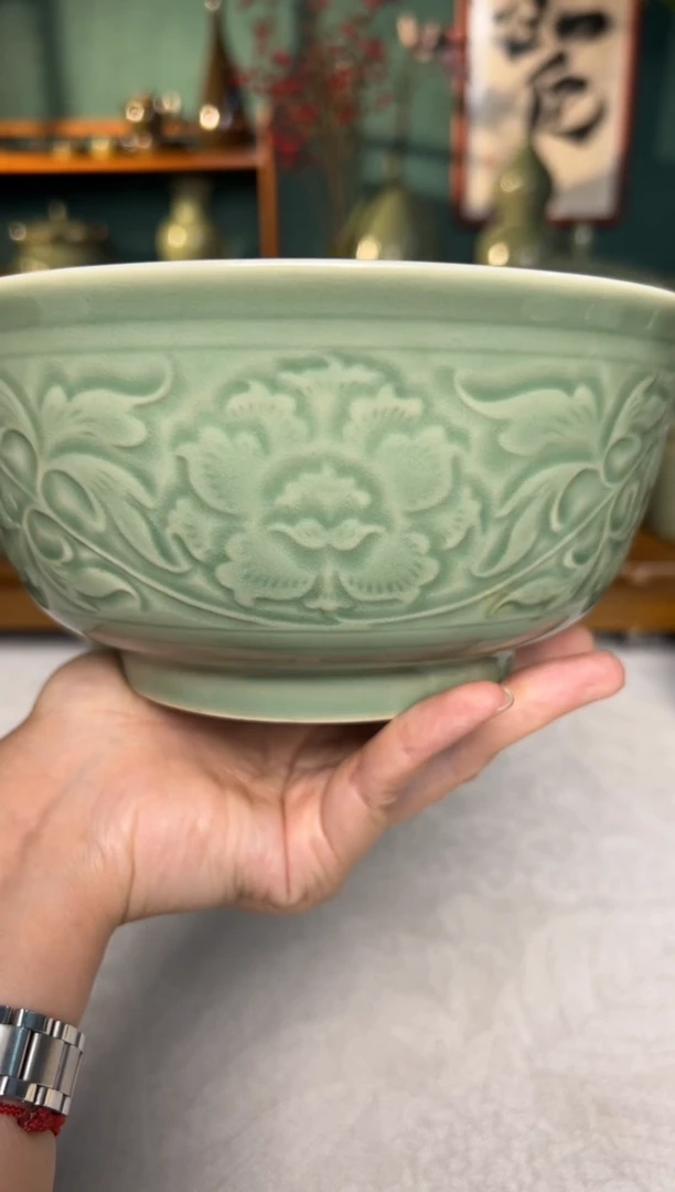 其他耀州窑青釉7寸缠枝牡丹大碗微瑕福利1只