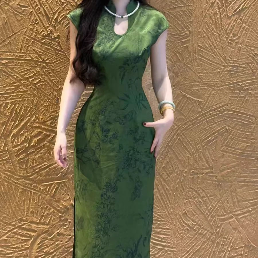 改良贝壳袖新中式绿色旗袍 青梅煮酒绿