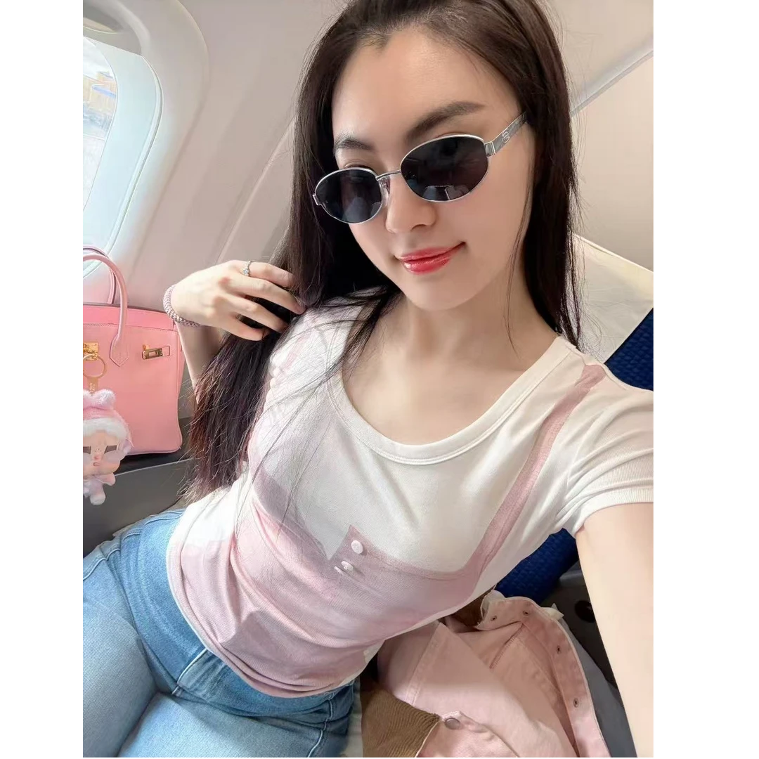 PM王囡囡 白拼粉莱赛尔吊带印花短袖T恤 ND1C1548