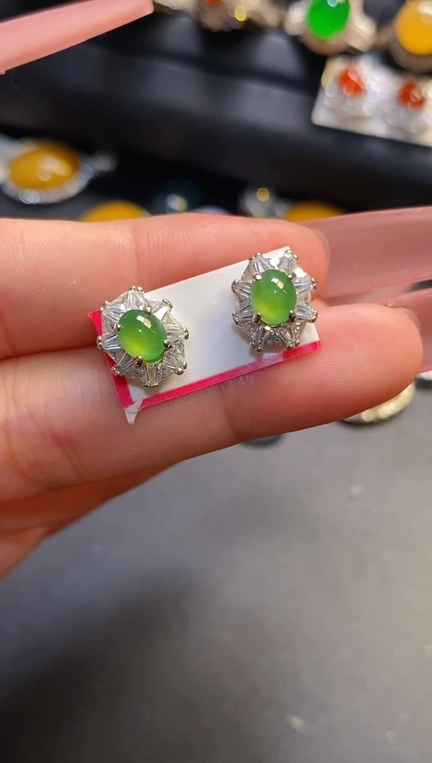 银S925镶嵌翡翠耳饰天然