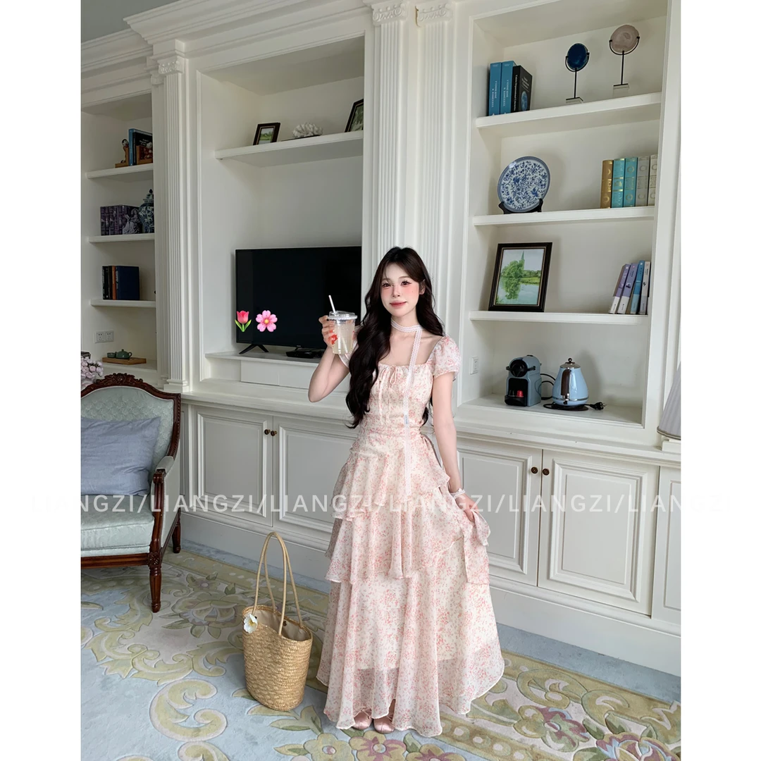 梁子【梦境花园】早春小碎花不规则裙摆长裙收腰显瘦连衣裙