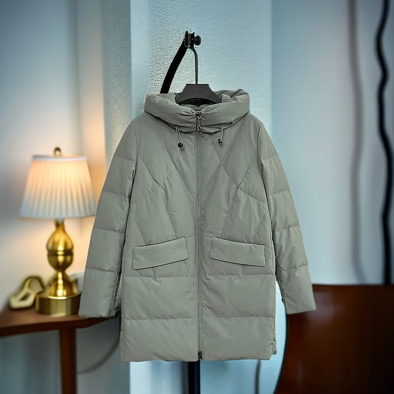 休闲连帽中长款简约防风保暖冬季宽松羽绒服 A011