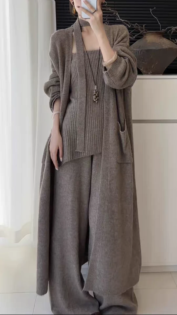 慵懒风开衫外套不规则抹胸秋冬上衣女名媛淑女时尚显瘦针织三件套