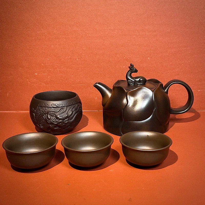 紫陶一鹿有你凤鸣壶【配1个紫砂龙主人杯+3个紫砂反口品茗杯】D34