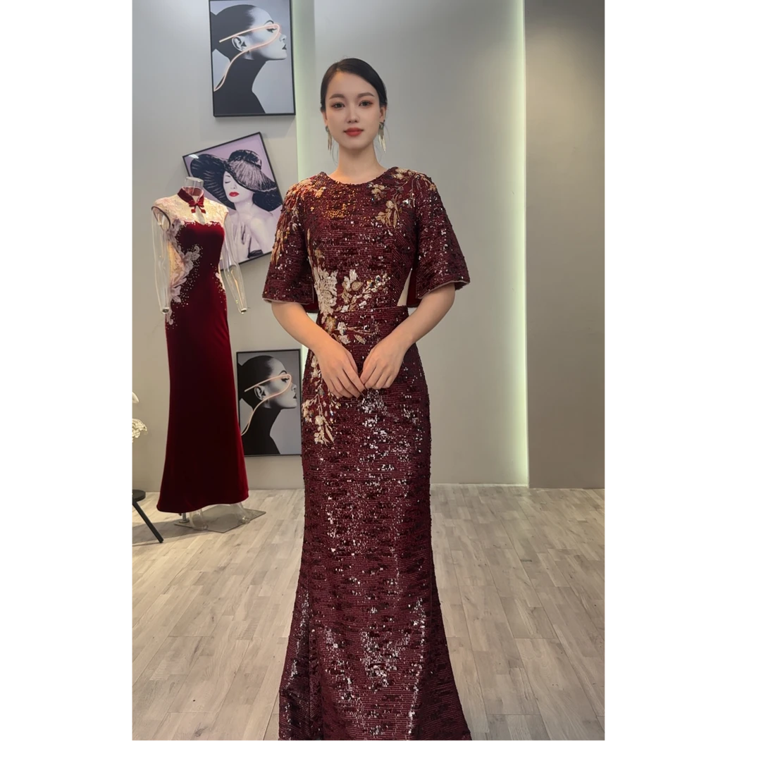 创意狐2025秋冬红色婚礼中秋国庆礼服裙喜婆婆喜妈妈婚宴敬酒服
