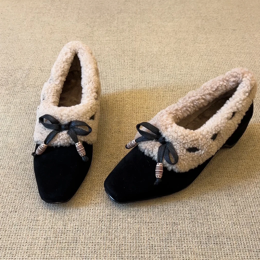 RubyL/5cm时尚复古串珠蝴蝶结舒适一脚蹬方头内增高毛毛鞋女款