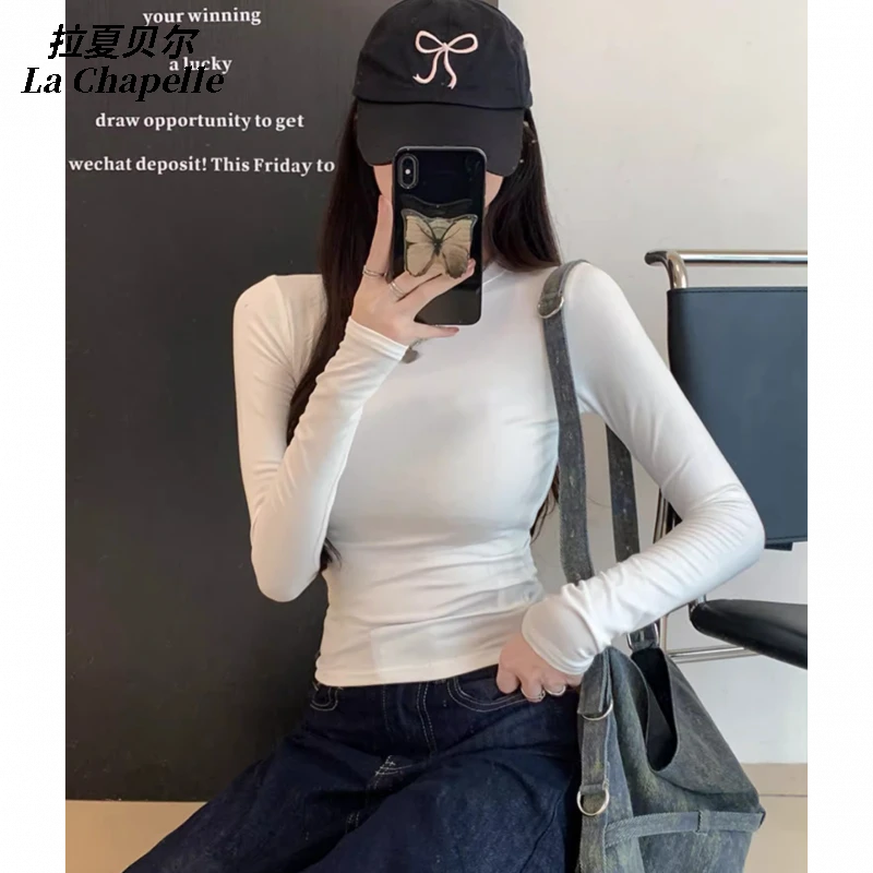 拉夏贝尔长袖T恤显瘦修身上衣女春秋韩版秋冬洋气圆领内搭百搭ins