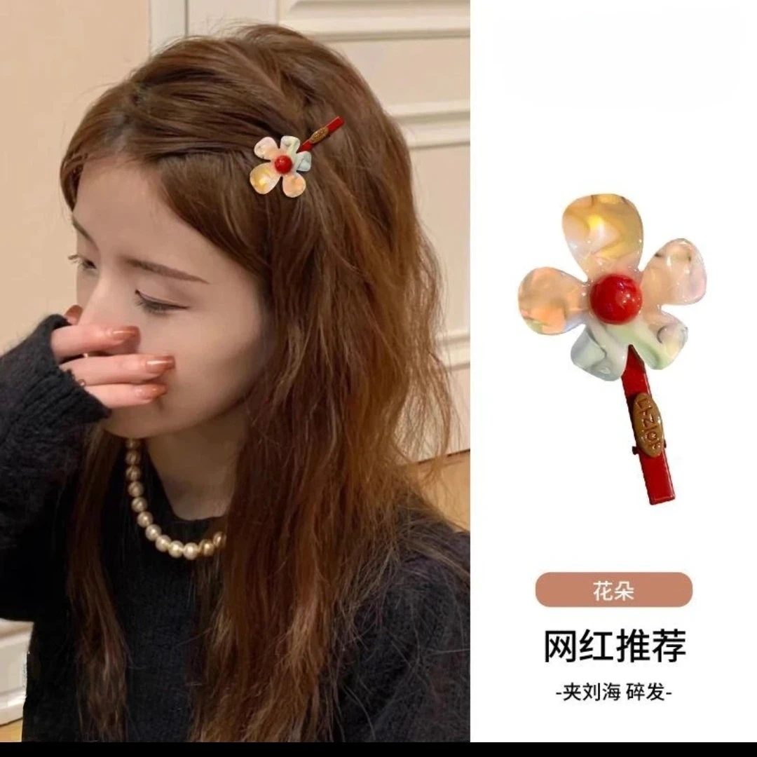 韩国东大门新款小众设计感炫彩色花朵拼色发夹少女感刘海碎发夹