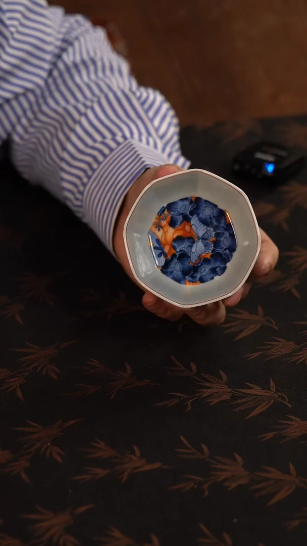 【闪购商品】杯志纯窑青花矾红山茶花八方杯