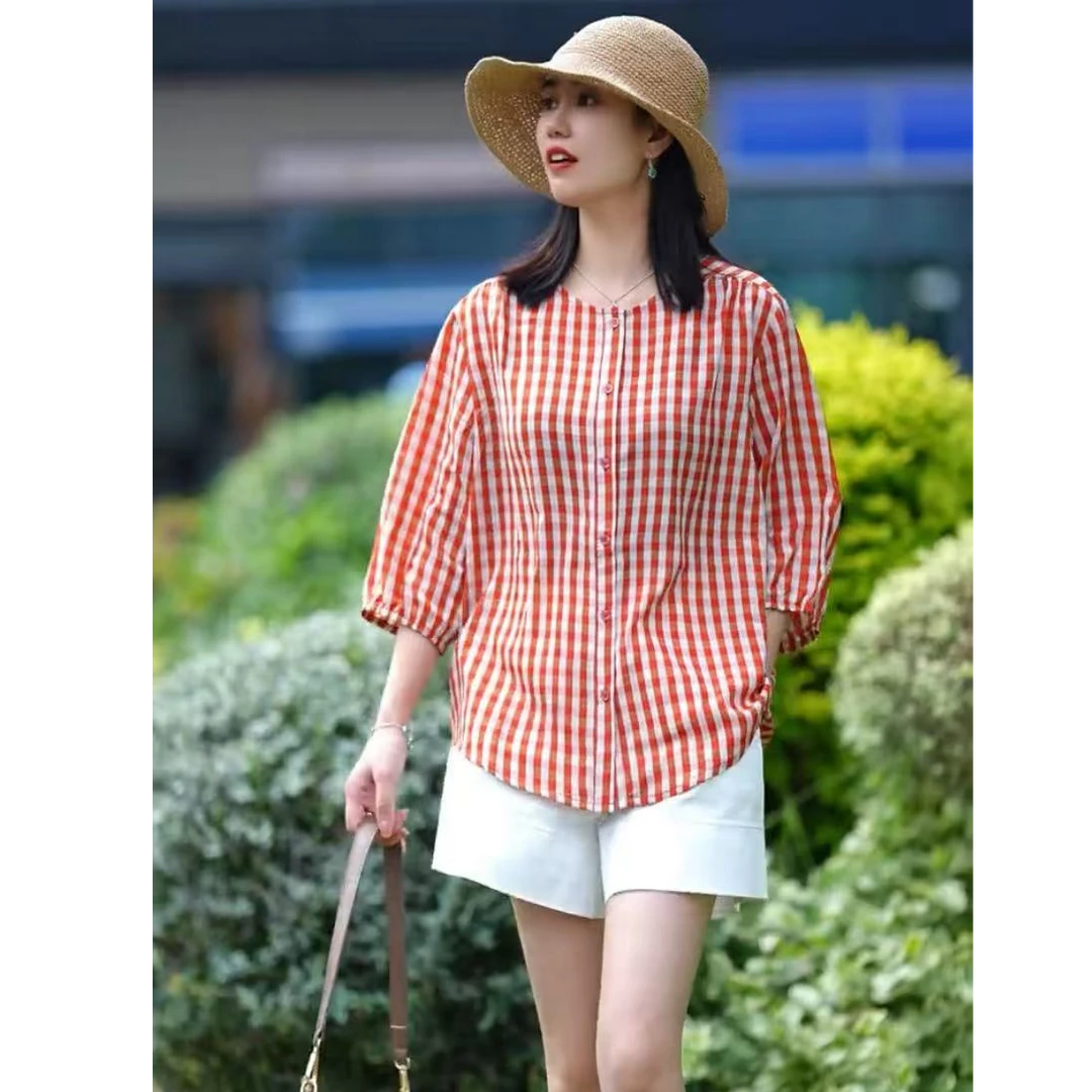 【现货】2025夏季新款时尚气质显瘦格子衬衫配百搭简约纯色短裤套装