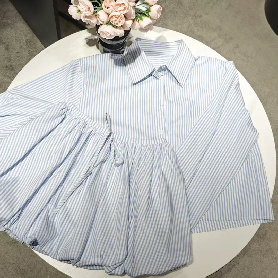 5510韩系条纹衬衫套装衬衫搭配蓬蓬裙时尚两件套