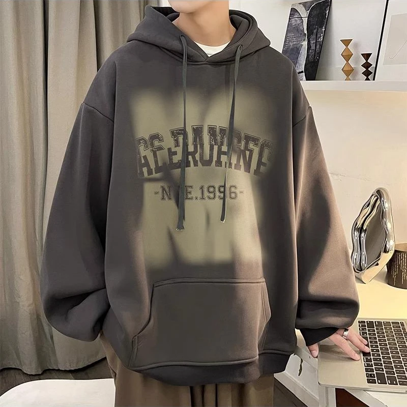 简约字母印花重磅连帽卫衣青少年秋冬季美式复古加绒百搭打底衫潮