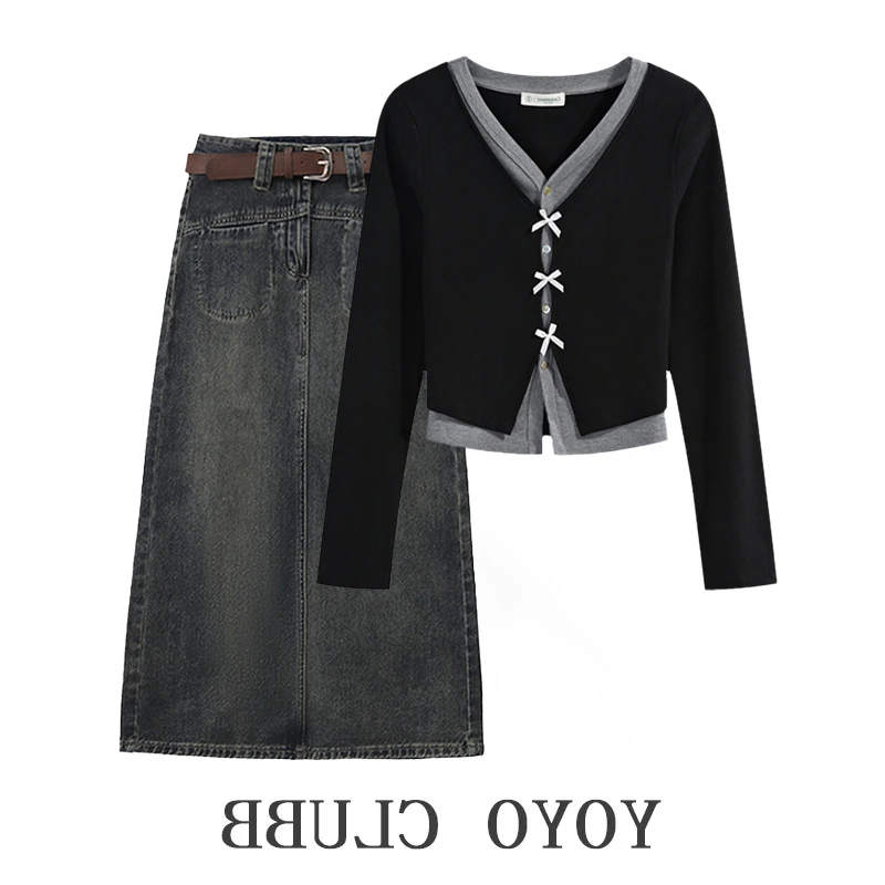 春季套装女2025新款韩系气质假两件针织开衫半身裙显瘦两件套春装