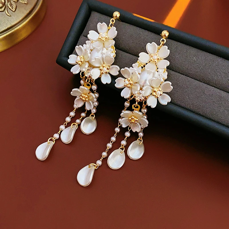 铜合金耳饰 【129】花朵流苏长款耳环优雅气质耳钉复古时尚轻奢耳饰