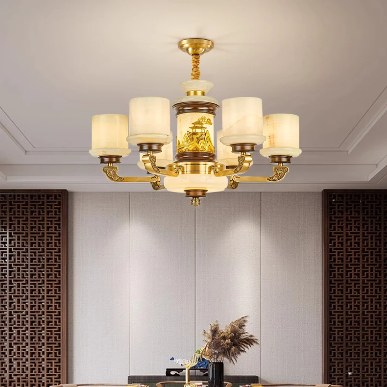2025新款新中式全铜玉石灯罩高端吊灯客厅餐厅别墅书房628