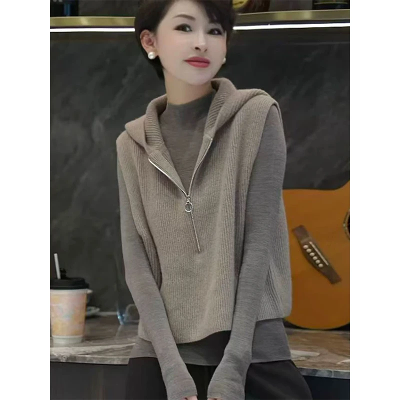 欧货高端气质无袖针织马甲2025秋季新款连帽设计感马夹纯色上衣女