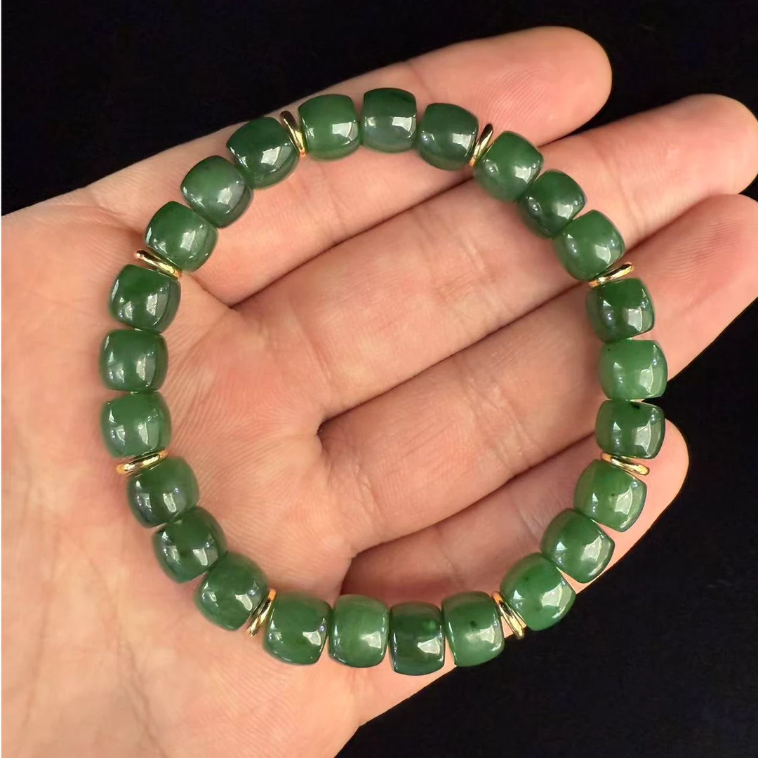 铭昌福纯天然和田玉碧玉碧玉桶珠直切手串（微黑点8mm）5330-1