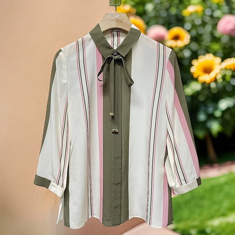 LR 经典翻领条纹桑蚕丝七分袖衬衫 LWD356C040