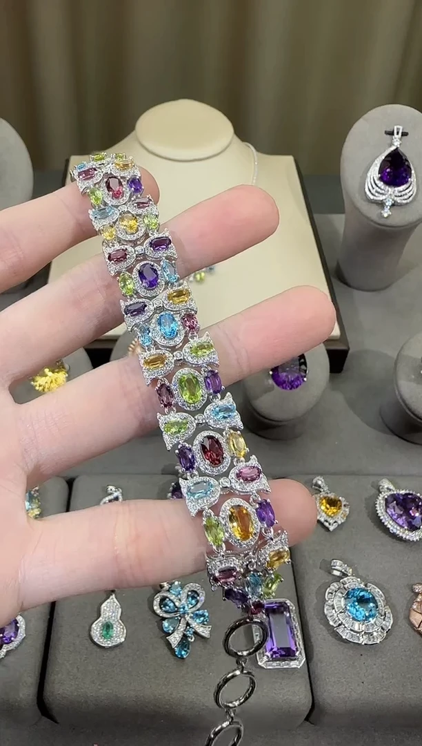 银S925镶嵌手链水晶16mm多彩宝手链高级款