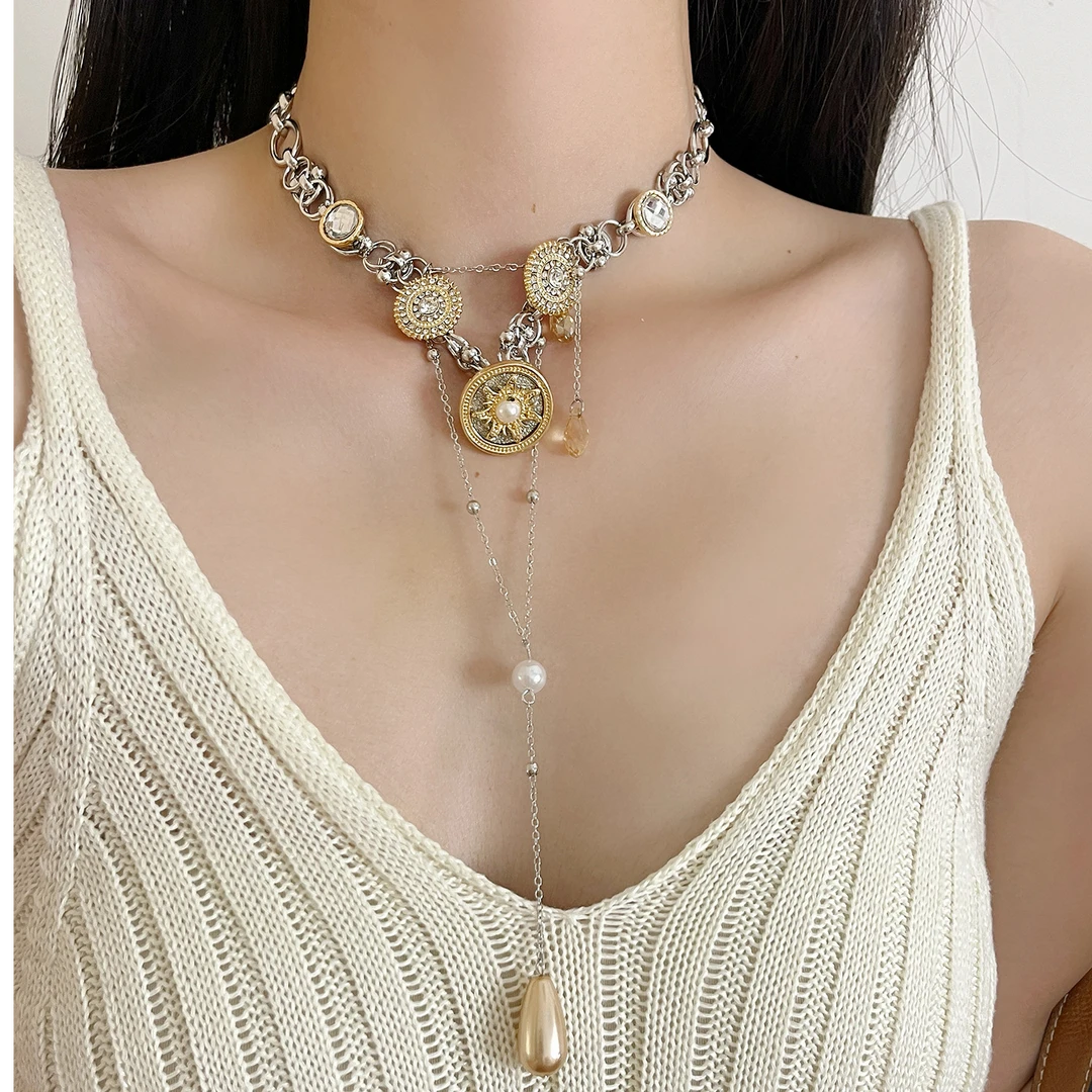 铜合金项链 波西米亚太阳圆盘流苏项链女复古高级感锁骨链颈链潮