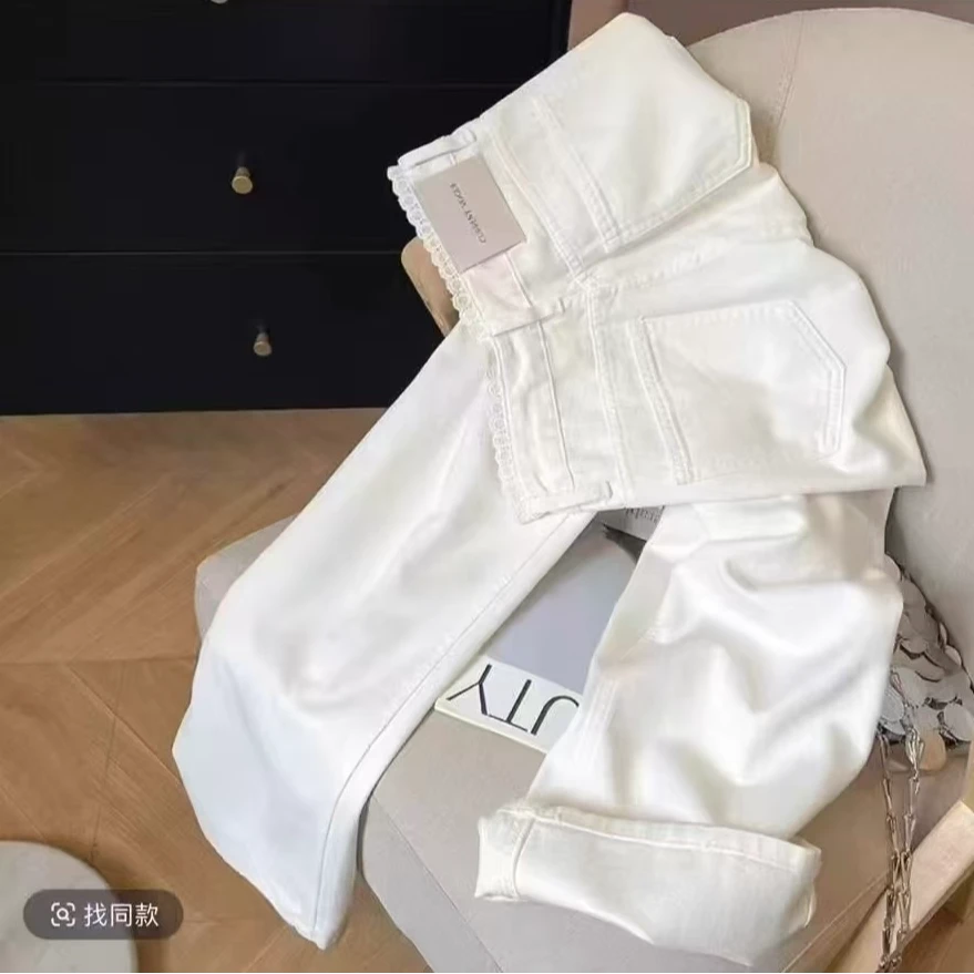 达利1-1白色蕾丝边2025春夏季高腰直筒牛仔裤