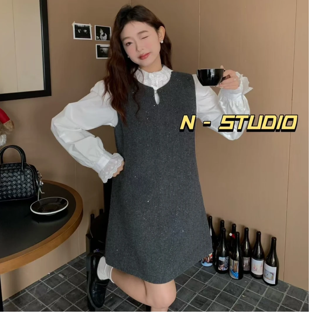 韩版简约叠穿中长款马夹女冬季新款圆领重工亮片遮肚子显瘦马甲裙