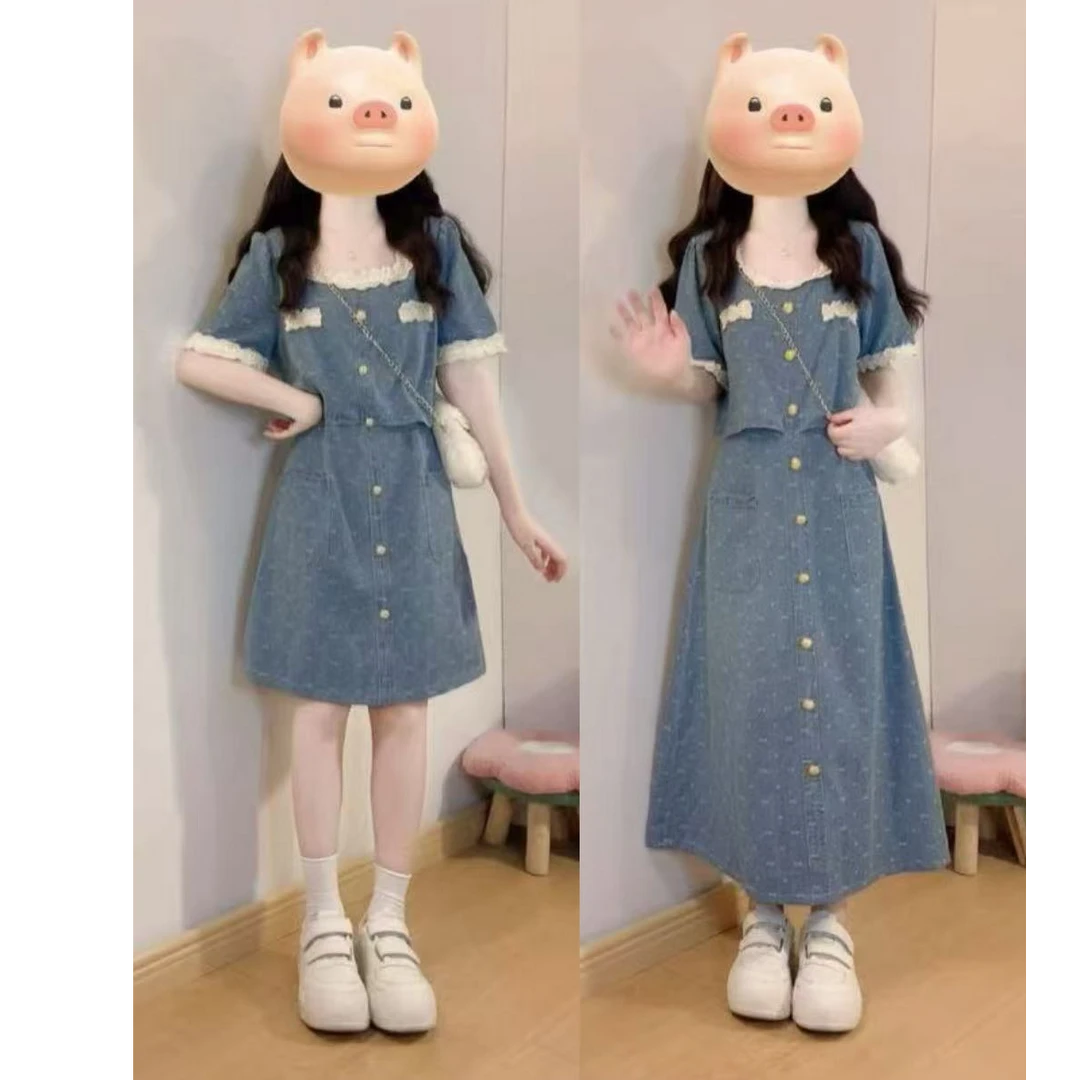 2025夏装新款大码韩系时尚花边拼接牛仔连衣裙宽松显瘦a字裙1609