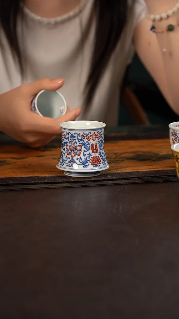 贵红窑青花釉里红喜字威士忌杯