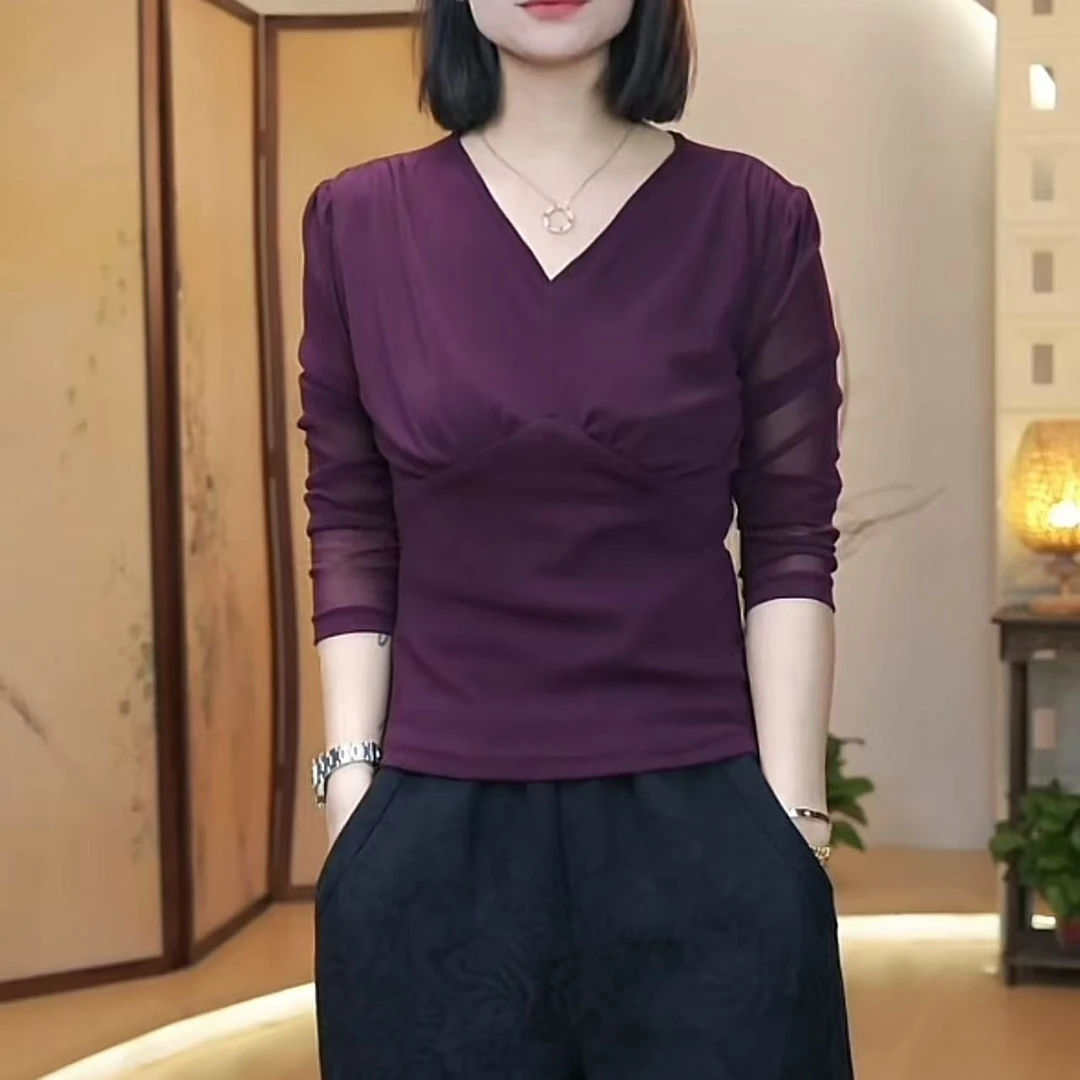 V领修饰网纱弹力小衫-1140