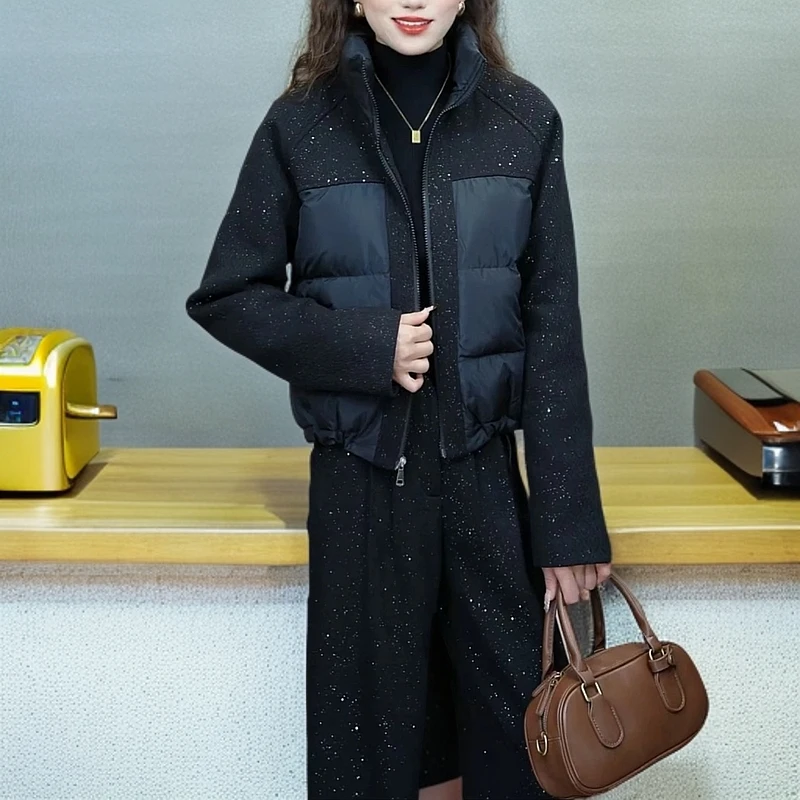 2024立领棉服外套拼接两件套百搭时尚休闲保暖气质星空直筒裤