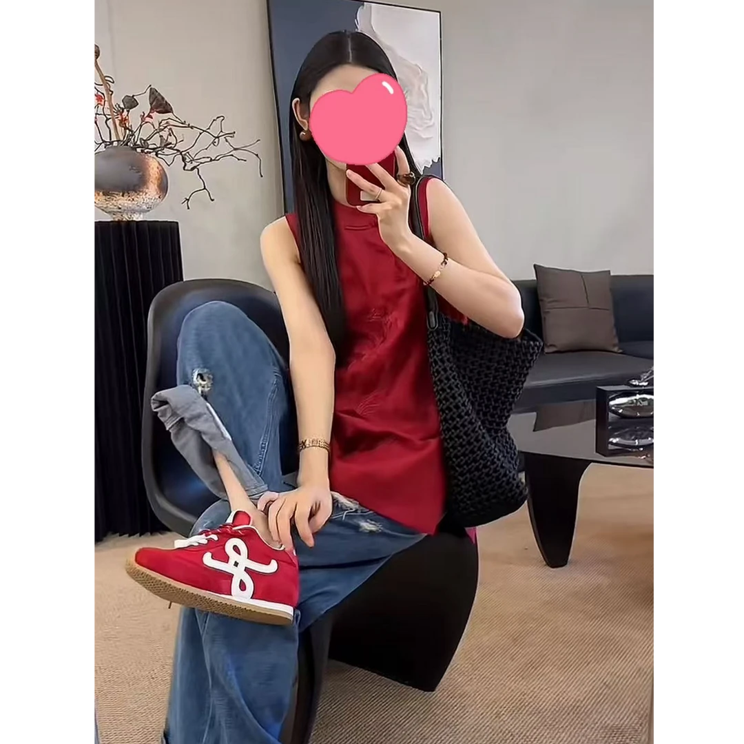 夏季新款新中式国风复古盘扣红色旗袍T恤无袖背心上衣女装