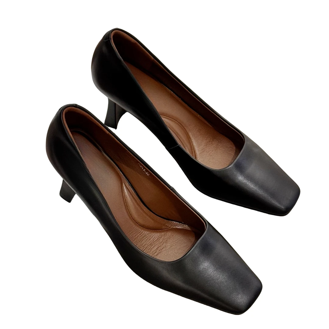 法式简约高跟鞋方头粗跟通勤百搭黑色时尚2025女鞋317