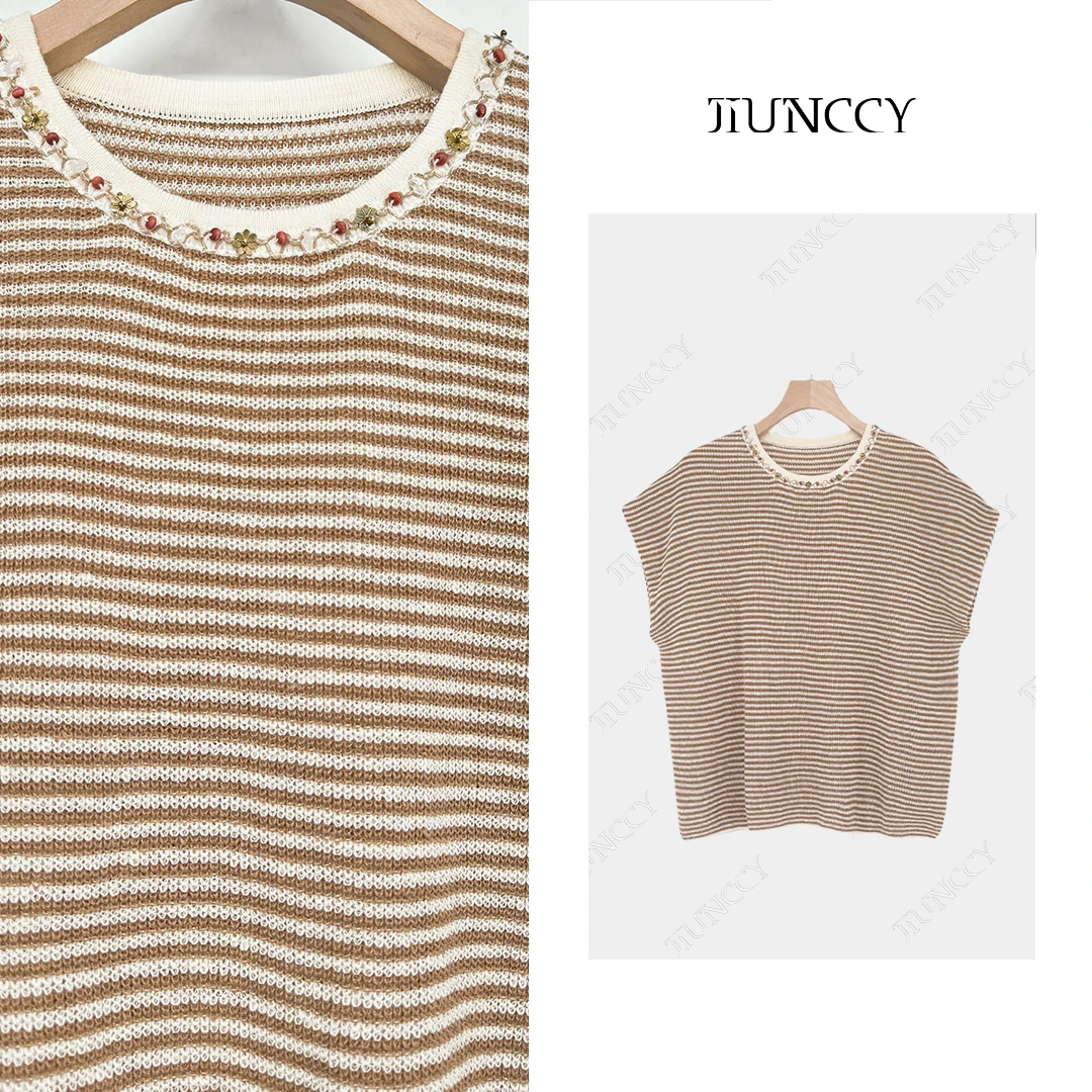 JIUNCCY【环游】100亚麻纱线领口手工珠链设计条纹针织上衣52YZZ041