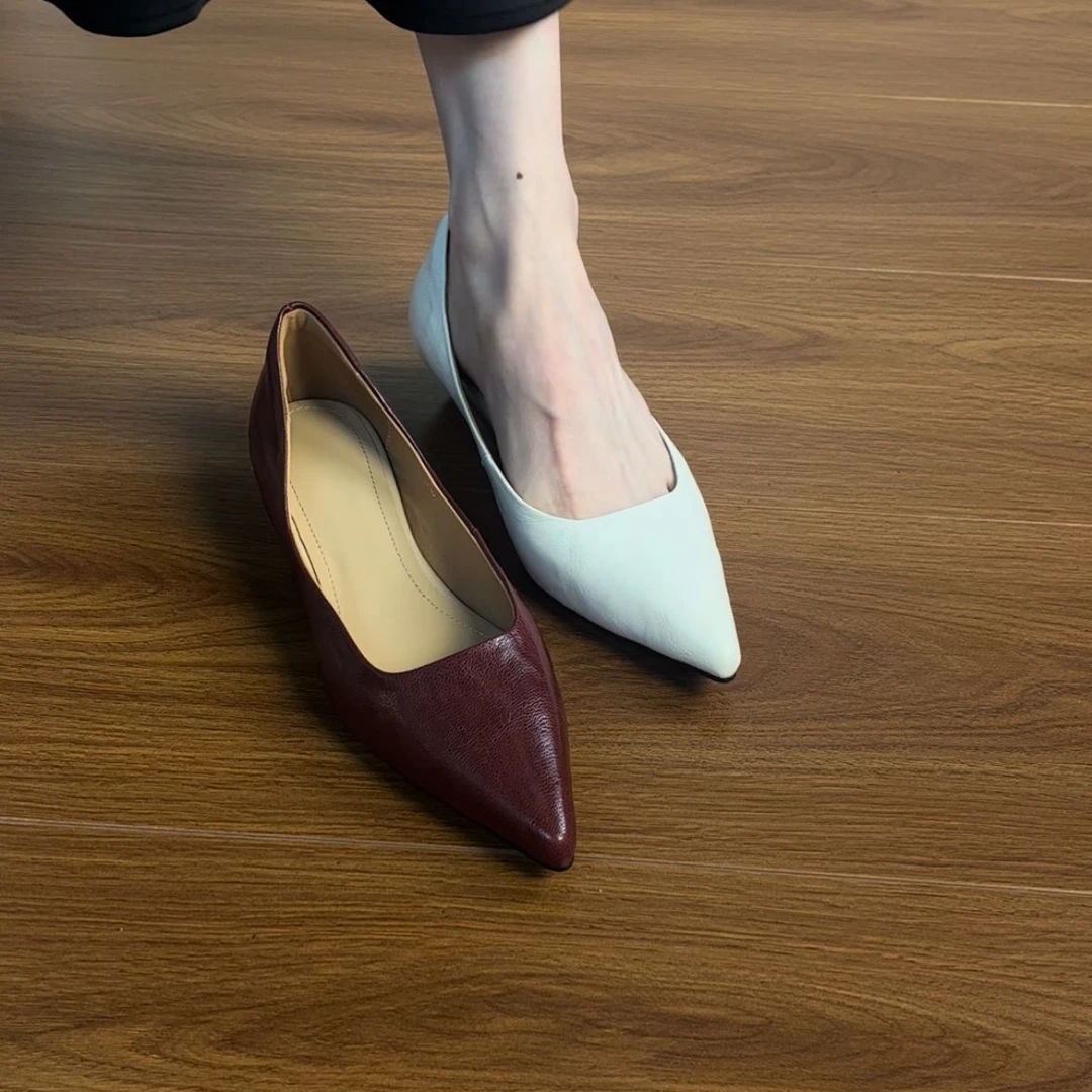 3CM头层手抓羊皮真皮尖头浅口奶奶鞋粗跟2025春新款复古法式百搭