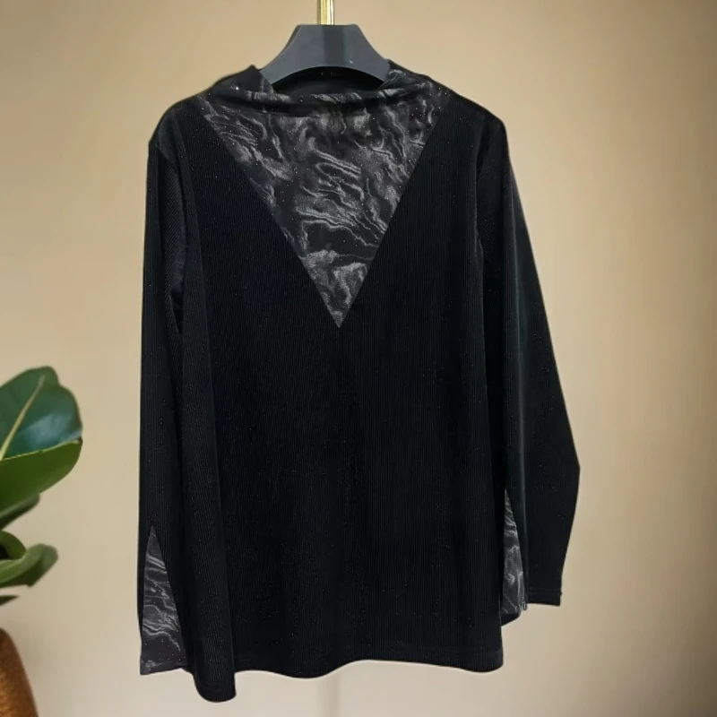 -433A-体恤女长袖新品网纱拼接大码上衣洋气内搭半高领打底衫女秋