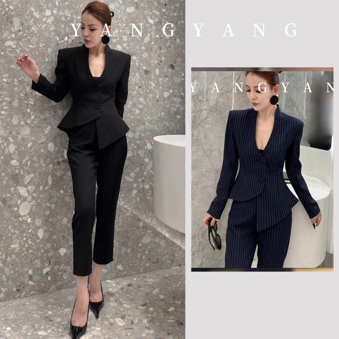 YANGYANG 时尚小立领V领不规则长袖职业韩版休闲女神范西服套装