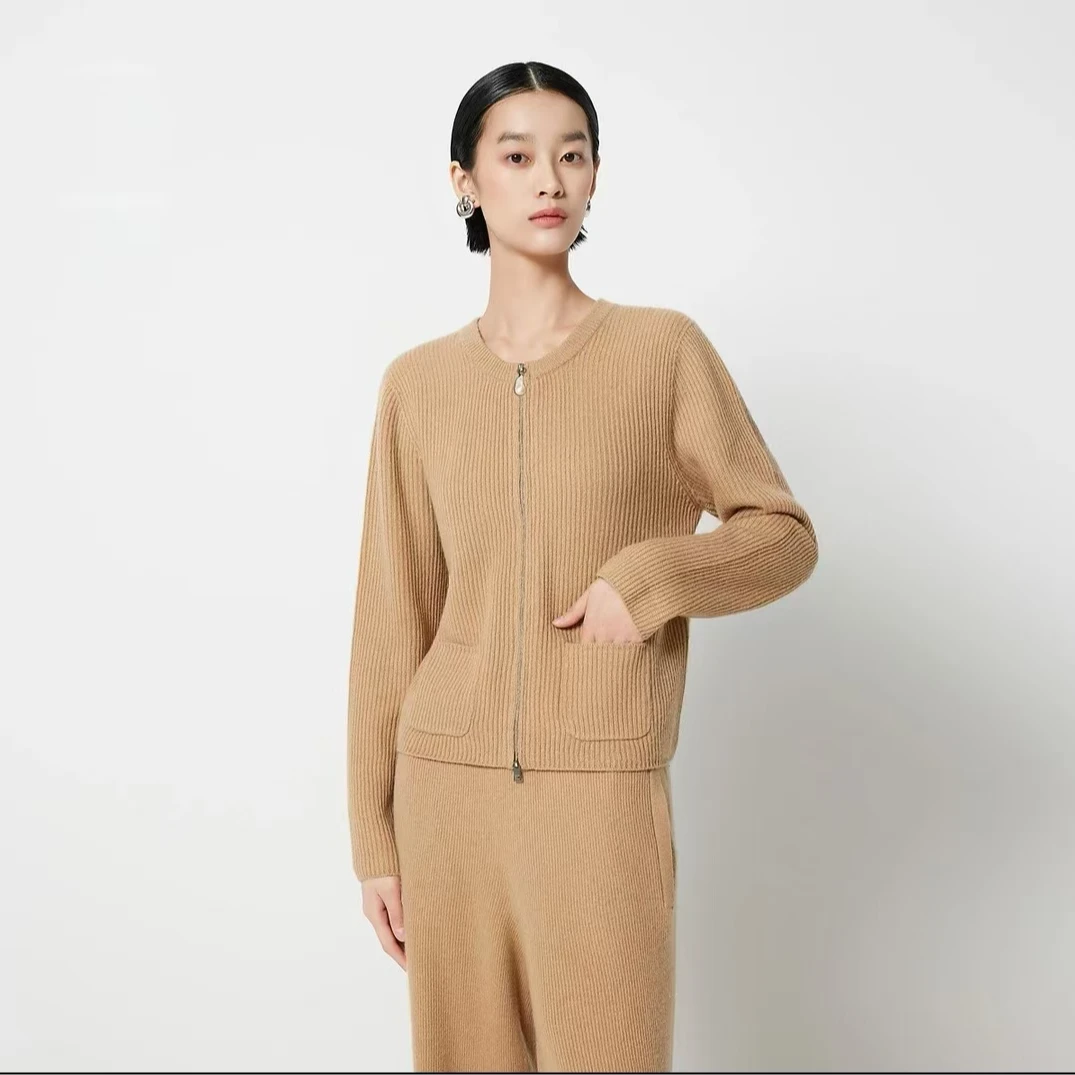 251041【多斯订单老钱风】大地驼全成型罗纹毛衣开衫24秋冬新品