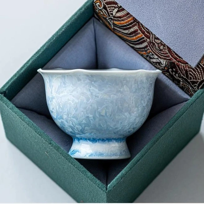 窑变结晶釉花口杯喝茶杯个人专用建盏主人杯冰花蓝高档茶盏伴手礼