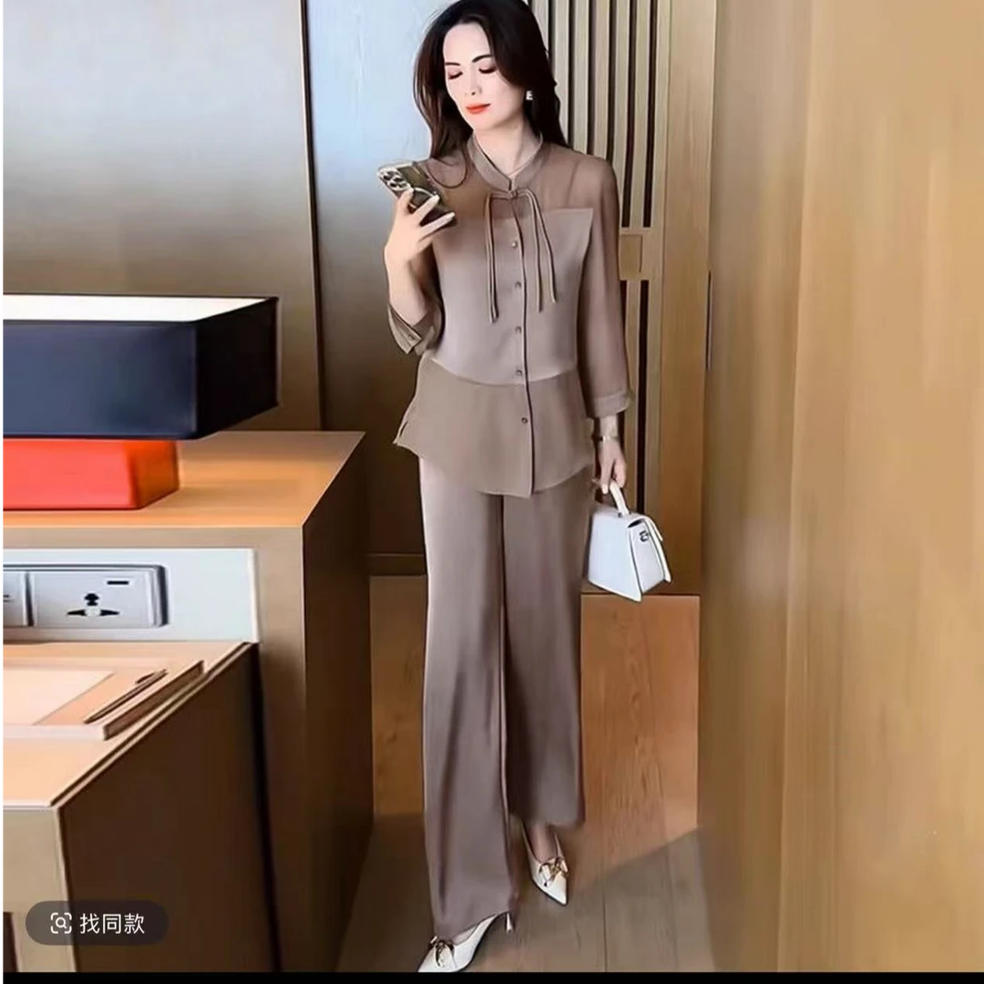 新中式时尚夏季新款气质盘扣假两件衬衫阔腿裤两件套2506#