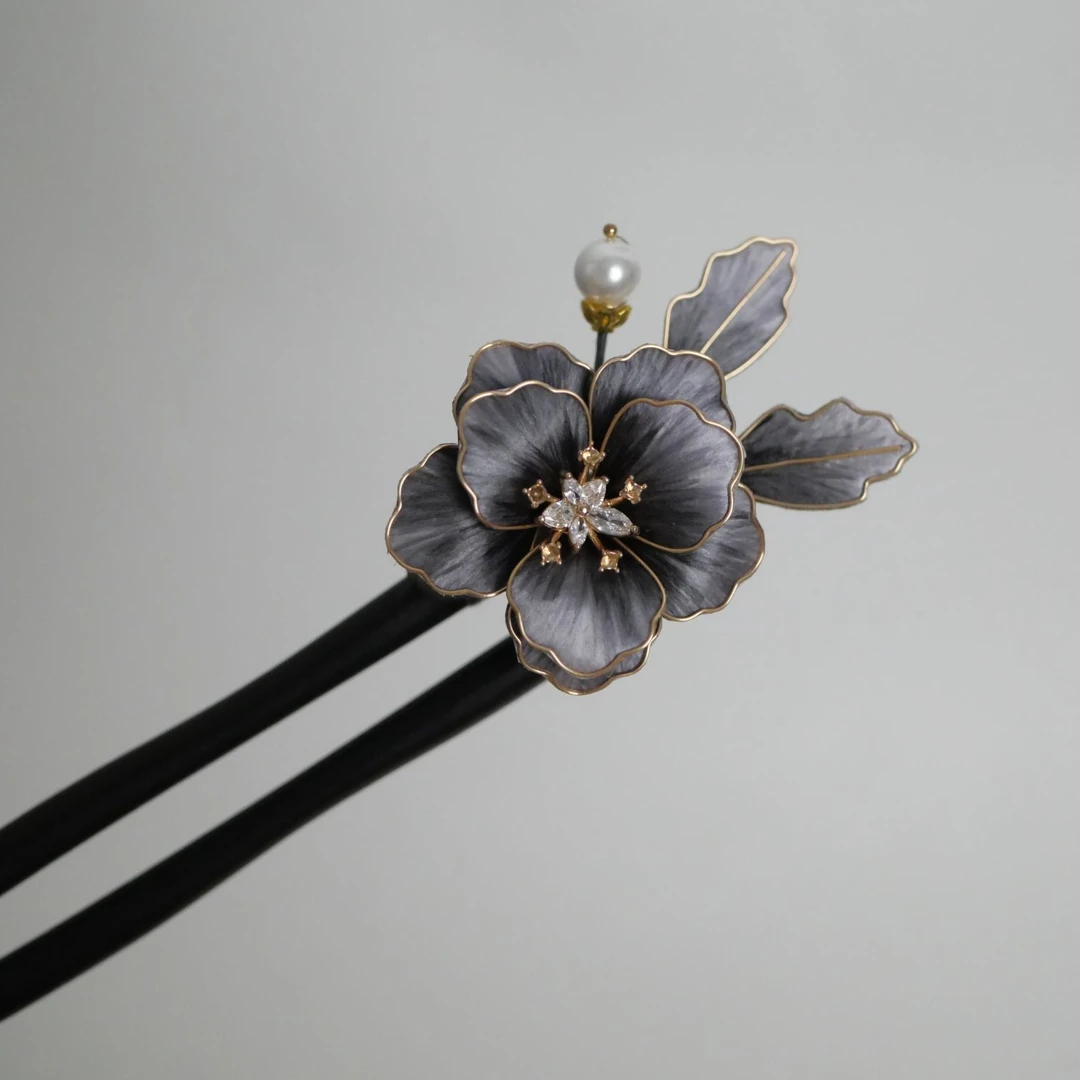 【玄妙】掐丝绒花水墨牡丹黑檀木小双发簪蚕丝手工工艺
