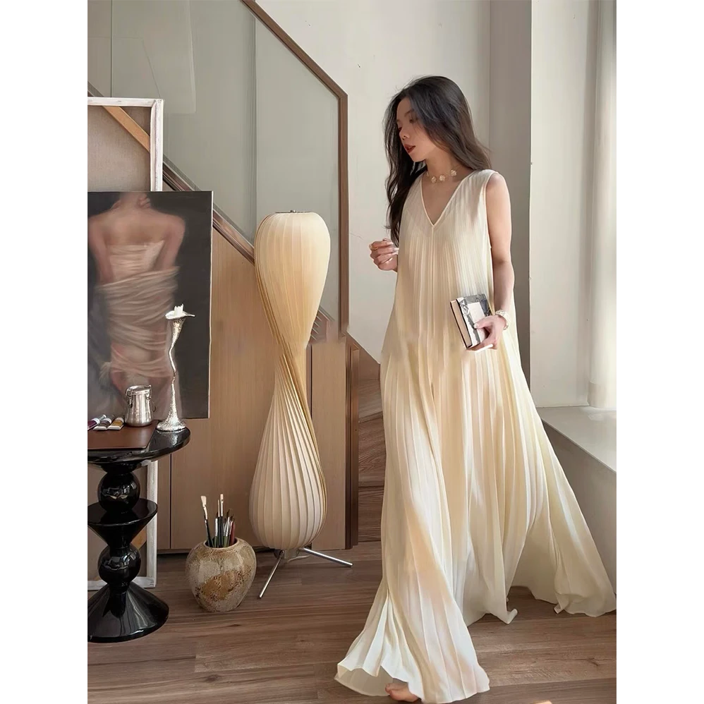 2025超火海边度假风淡柠黄无袖雪纺连衣裙女夏季新款法式气质长裙