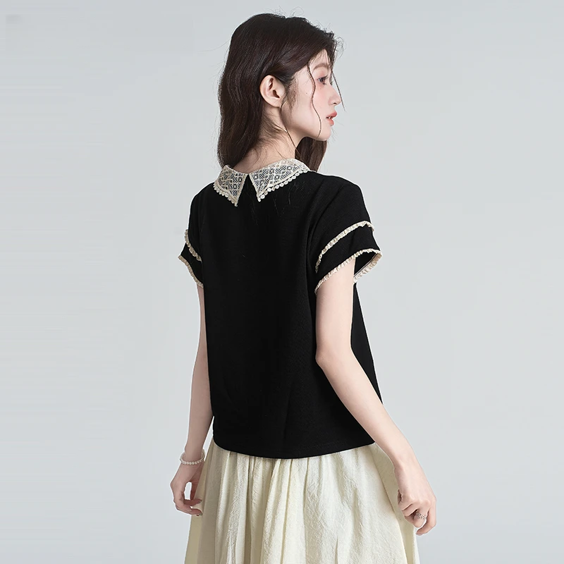 帛卡琪2025夏季新款娃娃领学院风黑色T恤女蕾丝拼接宽松上衣