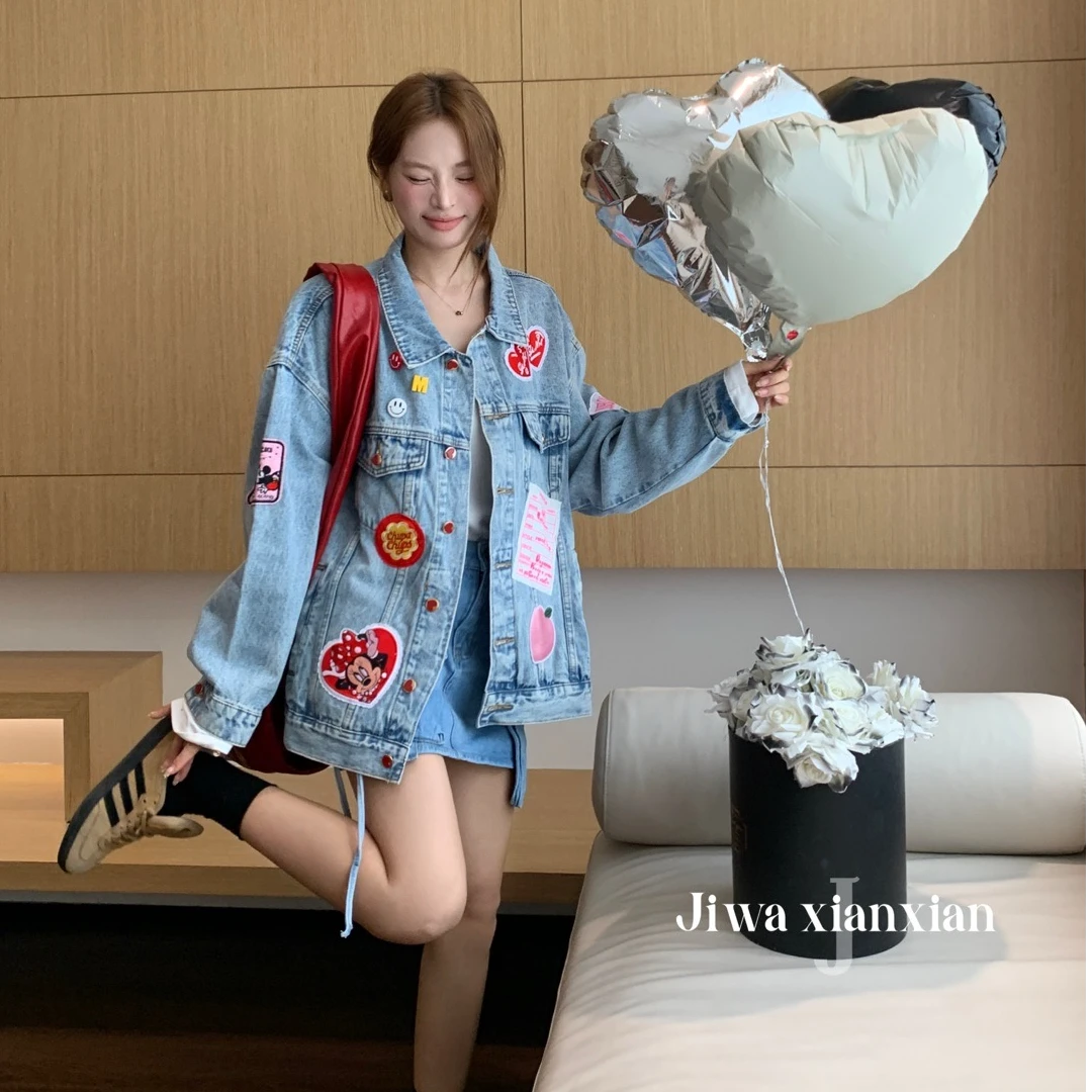 微胖大码卡通牛仔外套春秋百搭复古小众宽松韩版休闲外套上衣女