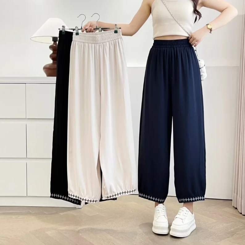 大码空调裤百搭刺绣空调灯笼裤女夏季薄款宽松显瘦气球九分休闲裤