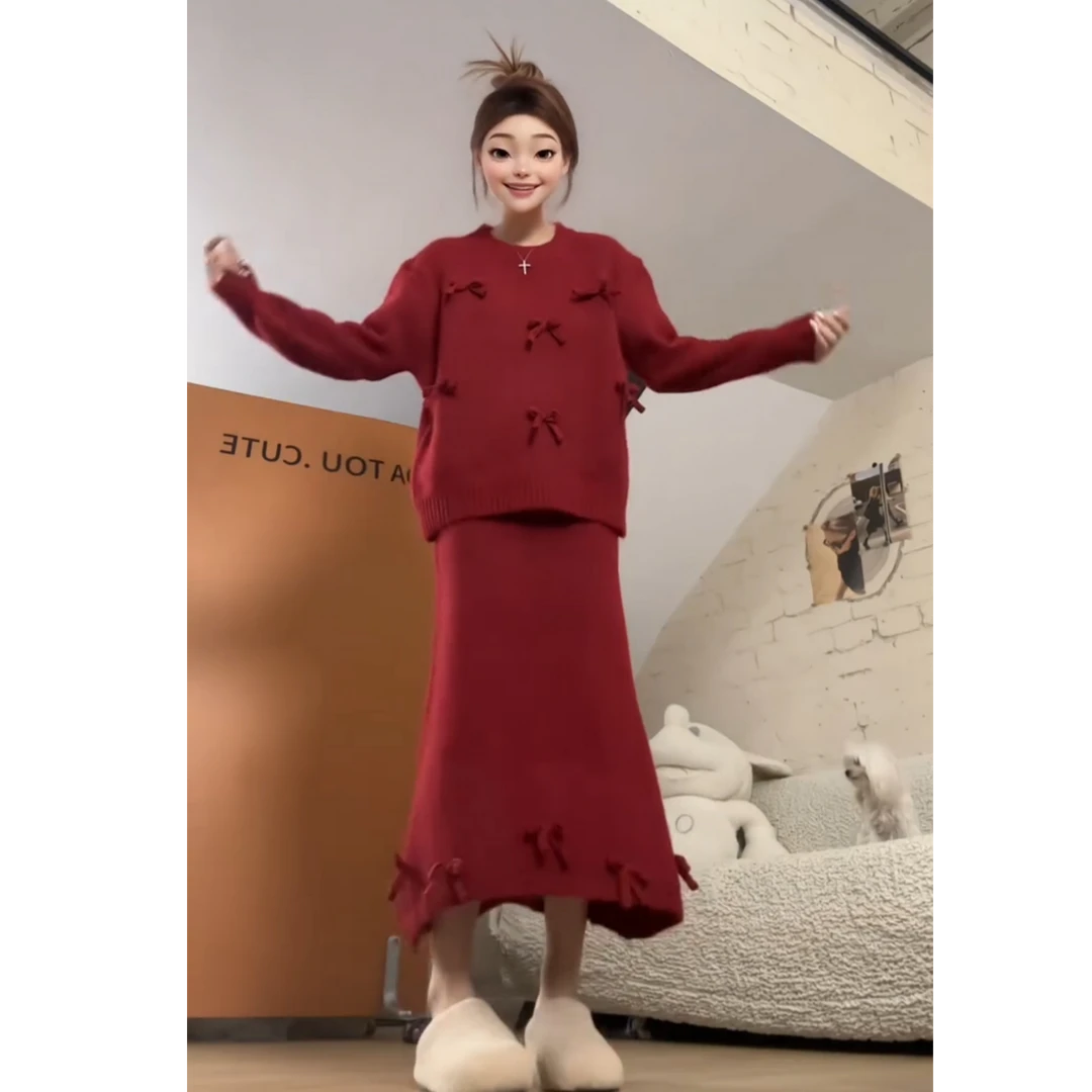 超火一整套2025秋冬新款时尚气质圣诞针织毛衣半身裙两件套